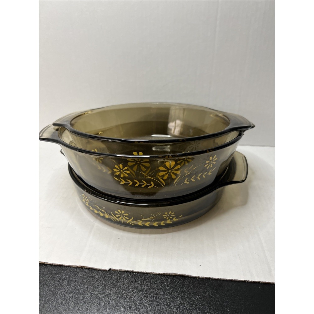 Vintage Glasbake Round Amber Casserole Dishes Yellow Daisy Set Of‎ 3 Grandmacore